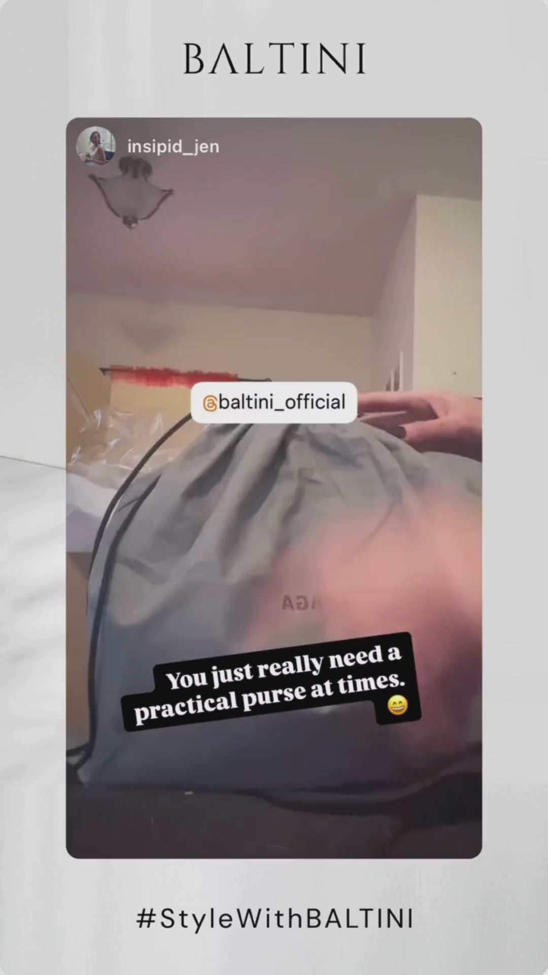An unboxing video featuring a Balenciaga bag from BALTINI. A person, wearing a pink sleeve, holds up a grey Balenciaga dust bag while revealing the luxury handbag inside. The image includes an overlay with the text ‘@baltini_official’ and a caption stating, ‘You just really need a practical purse at times. 😊’ The BALTINI branding and hashtag ‘#StyleWithBALTINI’ are visible at the bottom.