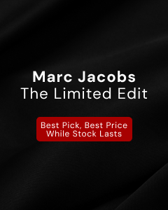Marc Jacobs limited edition sale banner with bold text promoting best picks and prices, urging shoppers to act fast before stock runs out.